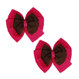 School uniform hair accessories Double Bella Bow 10cm School Non Slip Hair Clip - Pinkberry Kisses Pair of Hair Clips Shocking Pink Base & Centre Ribbon Brown
