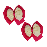 School uniform hair accessories Double Bella Bow 10cm School Non Slip Hair Clip - Pinkberry Kisses Pair of Hair Clips Shocking Pink Base & Centre Ribbon Cream Ivory