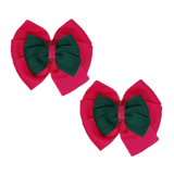 School uniform hair accessories Double Bella Bow 10cm School Non Slip Hair Clip - Pinkberry Kisses Pair of Hair Clips Shocking Pink Base & Centre Ribbon Hunter Green