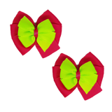 School uniform hair accessories Double Bella Bow 10cm School Non Slip Hair Clip - Pinkberry Kisses Pair of Hair Clips Shocking Pink Base & Centre Ribbon Key Lime