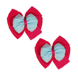 School uniform hair accessories Double Bella Bow 10cm School Non Slip Hair Clip - Pinkberry Kisses Pair of Hair Clips Shocking Pink Base & Centre Ribbon Light Blue