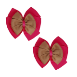 School uniform hair accessories Double Bella Bow 10cm School Non Slip Hair Clip - Pinkberry Kisses Pair of Hair Clips Shocking Pink Base & Centre Ribbon Natural