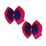 School uniform hair accessories Double Bella Bow 10cm School Non Slip Hair Clip - Pinkberry Kisses Pair of Hair Clips Shocking Pink Base & Centre Ribbon Navy Blue 