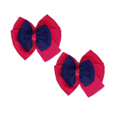School uniform hair accessories Double Bella Bow 10cm School Non Slip Hair Clip - Pinkberry Kisses Pair of Hair Clips Shocking Pink Base & Centre Ribbon Navy Blue