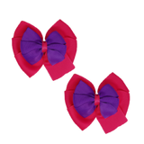 School uniform hair accessories Double Bella Bow 10cm School Non Slip Hair Clip - Pinkberry Kisses Pair of Hair Clips Shocking Pink Base & Centre Ribbon Purple 
