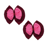 School Hair accessories Double Bella Bow 10cm Hair Clip Pair Non Slip Hair Bows School Uniform Pinkberry Kisses Burgundy Base & Centre Ribbon Hot Pink