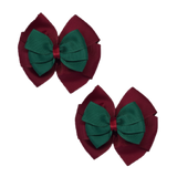 School Hair accessories Double Bella Bow 10cm Hair Clip Pair Non Slip Hair Bows School Uniform Pinkberry Kisses Burgundy Base & Centre Ribbon Hunter Green