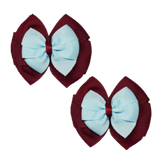 School Hair accessories Double Bella Bow 10cm Hair Clip Pair Non Slip Hair Bows School Uniform Pinkberry Kisses Burgundy Base & Centre Ribbon Light Blue