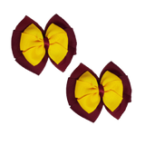 School Hair accessories Double Bella Bow 10cm Hair Clip Pair Non Slip Hair Bows School Uniform Pinkberry Kisses Burgundy Base & Centre Ribbon Maize Yellow