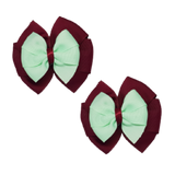 School Hair accessories Double Bella Bow 10cm Hair Clip Pair Non Slip Hair Bows School Uniform Pinkberry Kisses Burgundy Base & Centre Ribbon Mint Green