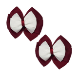 School Hair accessories Double Bella Bow 10cm Hair Clip Pair Non Slip Hair Bows School Uniform Pinkberry Kisses Burgundy Base & Centre Ribbon White
