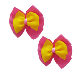 School uniform hair accessories Double Bella Bow 10cm School Non Slip Hair Clip - Pinkberry Kisses Pair of Hair Clips Hot Pink Base & Centre Ribbon Daffodil Yellow