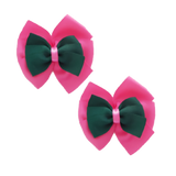 School uniform hair accessories Double Bella Bow 10cm School Non Slip Hair Clip - Pinkberry Kisses Pair of Hair Clips Hot Pink Base & Centre Ribbon Hunter Green