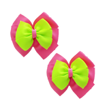 School uniform hair accessories Double Bella Bow 10cm School Non Slip Hair Clip - Pinkberry Kisses Pair of Hair Clips Hot Pink Base & Centre Ribbon Key Lime