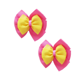 School uniform hair accessories Double Bella Bow 10cm School Non Slip Hair Clip - Pinkberry Kisses Pair of Hair Clips Hot Pink Base & Centre Ribbon Lemon Yellow