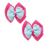 School uniform hair accessories Double Bella Bow 10cm School Non Slip Hair Clip - Pinkberry Kisses Pair of Hair Clips Hot Pink Base & Centre Ribbon Light Blue