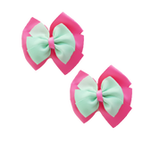 School uniform hair accessories Double Bella Bow 10cm School Non Slip Hair Clip - Pinkberry Kisses Pair of Hair Clips Hot Pink Base & Centre Ribbon Mint Green