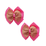 School uniform hair accessories Double Bella Bow 10cm School Non Slip Hair Clip - Pinkberry Kisses Pair of Hair Clips Hot Pink Base & Centre Ribbon Natural