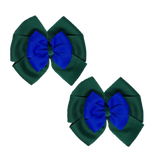 School Hair accessories Double Bella Bow 10cm Hair Clip Pair Non Slip Hair Bows Pinkberry Kisses Hunter Green Base & Centre Ribbon Electric Blue