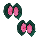 School Hair accessories Double Bella Bow 10cm Hair Clip Pair Non Slip Hair Bows Pinkberry Kisses Hunter Green Base & Centre Ribbon Hot Pink
