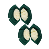School Hair accessories Double Bella Bow 10cm Hair Clip Pair Non Slip Hair Bows Pinkberry Kisses Hunter Green Base & Centre Ribbon Ivory Cream