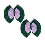School Hair accessories Double Bella Bow 10cm Hair Clip Pair Non Slip Hair Bows Pinkberry Kisses Hunter Green Base & Centre Ribbon Light Orchid