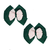 School Hair accessories Double Bella Bow 10cm Hair Clip Pair Non Slip Hair Bows Pinkberry Kisses Hunter Green Base & Centre Ribbon Light Pink