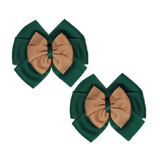 School Hair accessories Double Bella Bow 10cm Hair Clip Pair Non Slip Hair Bows Pinkberry Kisses Hunter Green Base & Centre Ribbon Natural