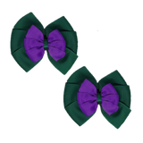 School Hair accessories Double Bella Bow 10cm Hair Clip Pair Non Slip Hair Bows Pinkberry Kisses Hunter Green Base & Centre Ribbon Purple