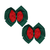 School Hair accessories Double Bella Bow 10cm Hair Clip Pair Non Slip Hair Bows Pinkberry Kisses Hunter Green Base & Centre Ribbon Red