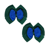 School Hair accessories Double Bella Bow 10cm Hair Clip Pair Non Slip Hair Bows Pinkberry Kisses Hunter Green Base & Centre Ribbon  Royal Blue