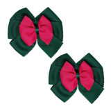 School Hair accessories Double Bella Bow 10cm Hair Clip Pair Non Slip Hair Bows Pinkberry Kisses Hunter Green Base & Centre Ribbon Shocking Pink