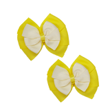 School uniform hair accessories Double Bella Bow 10cm School Non Slip Hair Clip - Pinkberry Kisses Pair of Hair Clips Lemon Yellow Base & Centre Ribbon Ivory Cream