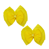 School uniform hair accessories Double Bella Bow 10cm School Non Slip Hair Clip - Pinkberry Kisses Pair of Hair Clips Lemon Yellow Base & Centre Ribbon Daffodil Yellow
