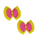 School uniform hair accessories Double Bella Bow 10cm School Non Slip Hair Clip - Pinkberry Kisses Pair of Hair Clips Lemon Yellow Base & Centre Ribbon Hot Pink 