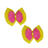 School uniform hair accessories Double Bella Bow 10cm School Non Slip Hair Clip - Pinkberry Kisses Pair of Hair Clips Lemon Yellow Base & Centre Ribbon Hot Pink