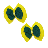 School uniform hair accessories Double Bella Bow 10cm School Non Slip Hair Clip - Pinkberry Kisses Pair of Hair Clips Lemon Yellow Base & Centre Ribbon Hunter Green