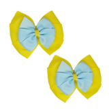 School uniform hair accessories Double Bella Bow 10cm School Non Slip Hair Clip - Pinkberry Kisses Pair of Hair Clips Lemon Yellow Base & Centre Ribbon Light Blue