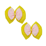 School uniform hair accessories Double Bella Bow 10cm School Non Slip Hair Clip - Pinkberry Kisses Pair of Hair Clips Lemon Yellow Base & Centre Ribbon Light Pink