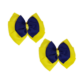 School uniform hair accessories Double Bella Bow 10cm School Non Slip Hair Clip - Pinkberry Kisses Pair of Hair Clips Lemon Yellow Base & Centre Ribbon Navy Blue