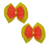 School uniform hair accessories Double Bella Bow 10cm School Non Slip Hair Clip - Pinkberry Kisses Pair of Hair Clips Lemon Yellow Base & Centre Ribbon Neon Orange