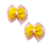 School uniform hair accessories Double Bella Bow 10cm School Non Slip Hair Clip - Pinkberry Kisses Pair of Hair Clips Light Pink Base & Centre Ribbon Daffodil yellow
