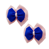 School uniform hair accessories Double Bella Bow 10cm School Non Slip Hair Clip - Pinkberry Kisses Pair of Hair Clips Light Pink Base & Centre Ribbon Electric Blue