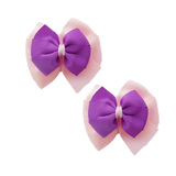 School uniform hair accessories Double Bella Bow 10cm School Non Slip Hair Clip - Pinkberry Kisses Pair of Hair Clips Light Pink Base & Centre Ribbon Grape
