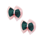 School uniform hair accessories Double Bella Bow 10cm School Non Slip Hair Clip - Pinkberry Kisses Pair of Hair Clips Light Pink Base & Centre Ribbon Hunter Green