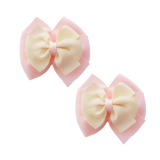 School uniform hair accessories Double Bella Bow 10cm School Non Slip Hair Clip - Pinkberry Kisses Pair of Hair Clips Light Pink Base & Centre Ribbon Ivory Cream