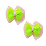 School uniform hair accessories Double Bella Bow 10cm School Non Slip Hair Clip - Pinkberry Kisses Pair of Hair Clips Light Pink Base & Centre Ribbon Key Lime