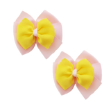 School uniform hair accessories Double Bella Bow 10cm School Non Slip Hair Clip - Pinkberry Kisses Pair of Hair Clips Light Pink Base & Centre Ribbon Lemon yellow