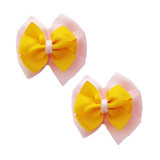 School uniform hair accessories Double Bella Bow 10cm School Non Slip Hair Clip - Pinkberry Kisses Pair of Hair Clips Light Pink Base & Centre Ribbon Mazie Yellow