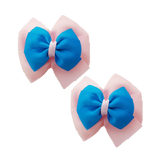 School uniform hair accessories Double Bella Bow 10cm School Non Slip Hair Clip - Pinkberry Kisses Pair of Hair Clips Light Pink Base & Centre Ribbon Methyl Blue